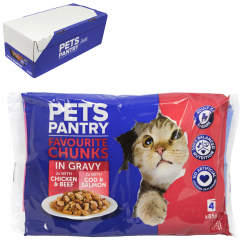 PETS PANTRY CAT CHUNKS IN GRAVY 2 CHICKEN& BEEF 2 COD&SALMON 4PK